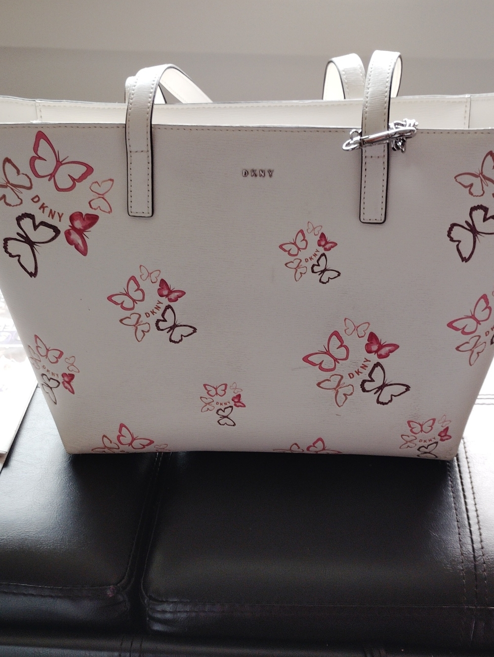 DKNY White Tote with Pink and Brown Butterfly Print